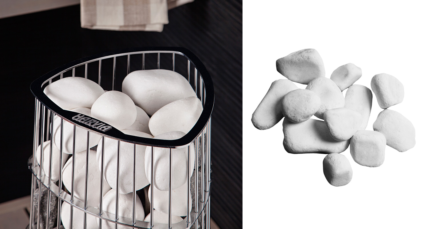 tyylikkäät valkoiset pyöristetyt kiuaskivet Harvian kiukaassa