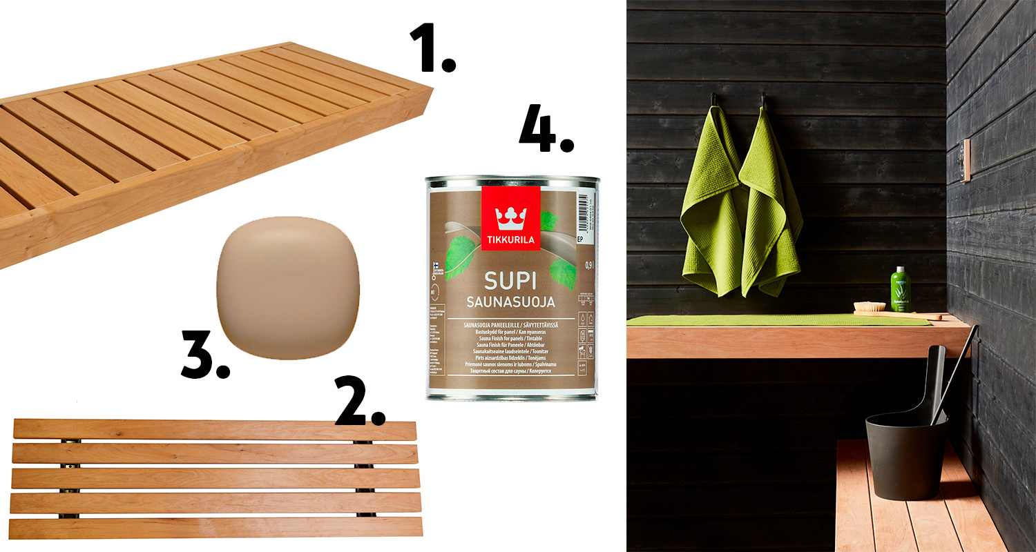 Saunan sisutukseen tuotteet, kun budjetti on 500€. Kaikki saunatarvikkeet ovat K-Raudan valikoimasta.