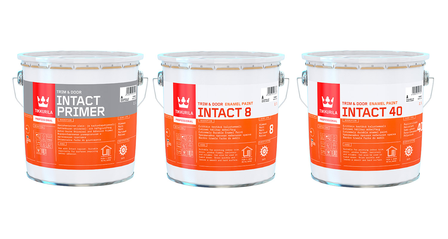 Intact Primer sekä kalustemaalipurkit, myynnissä K-Raudassa
