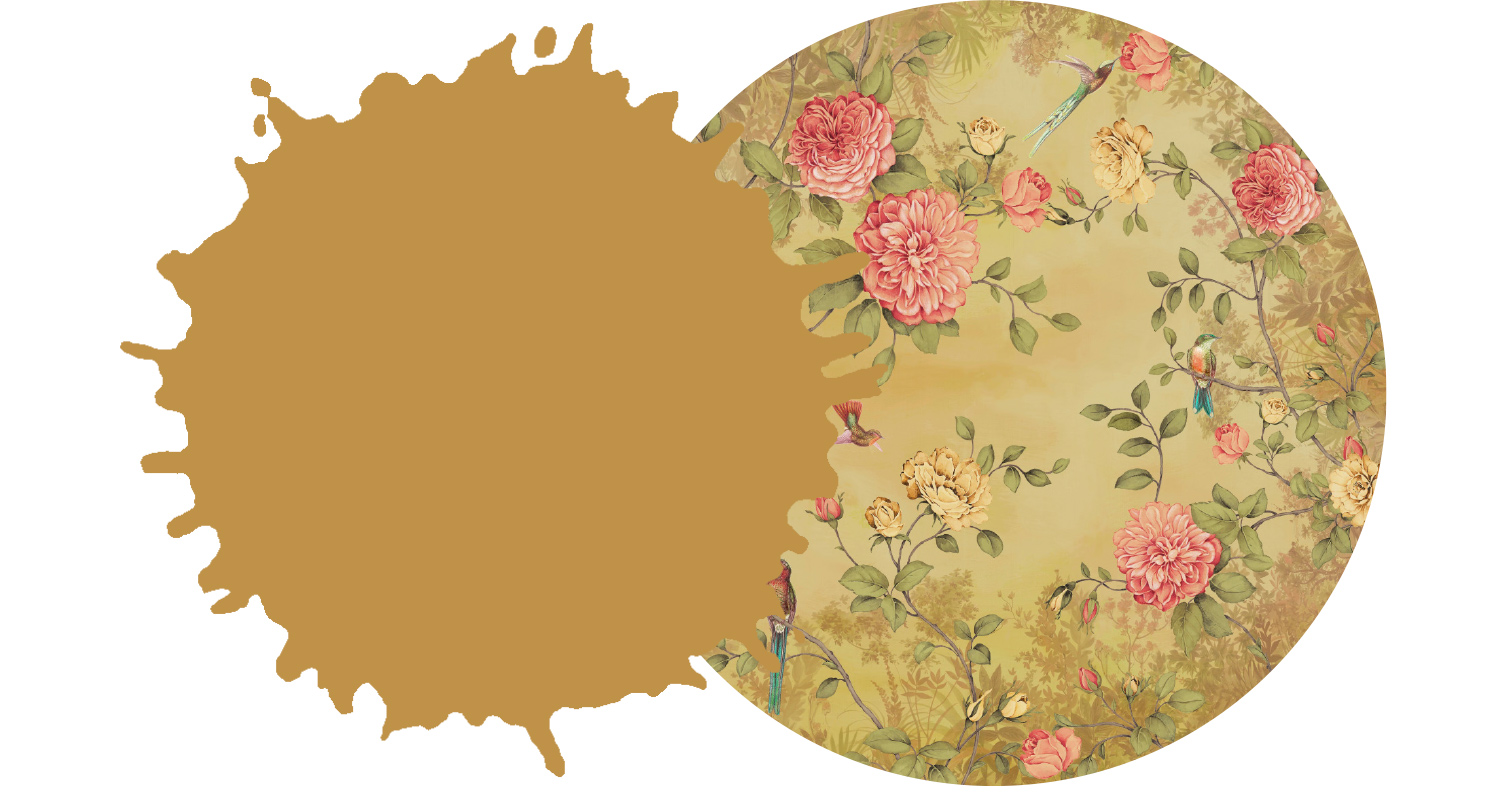 Tikkurilan maalisävy L392 Dukaatti ja BN Wallsin Fiore-malliston pyöreä Moonlight Garden 200460 -tapetti K-Raudasta