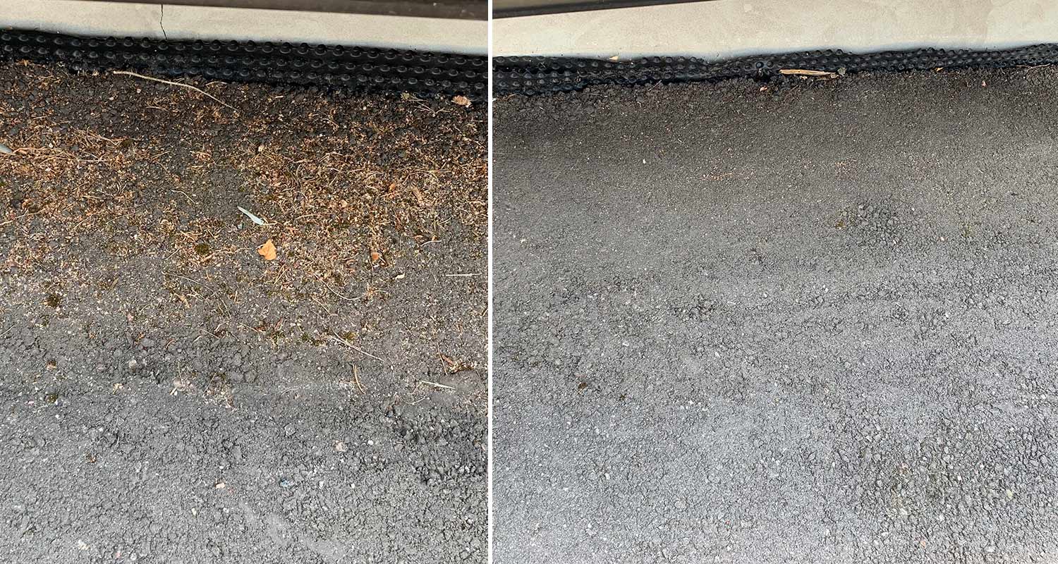 Pihan asfaltti ennen ja jälkeen Ryobin lakaisukoneen käyttämistä