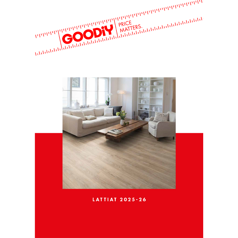 Kuvassa Goodiy lattiaesitteen kansi.