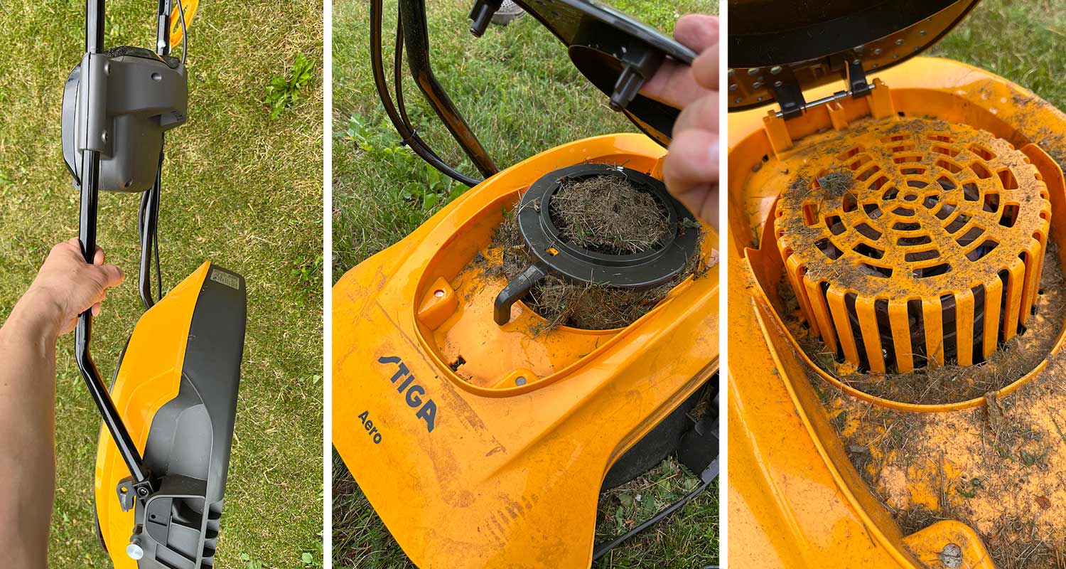 Tuotetestin tulos kuluttajalta Stiga Aero leijuvasta ruohonleikkurista, leikkuri lähikuvissa 