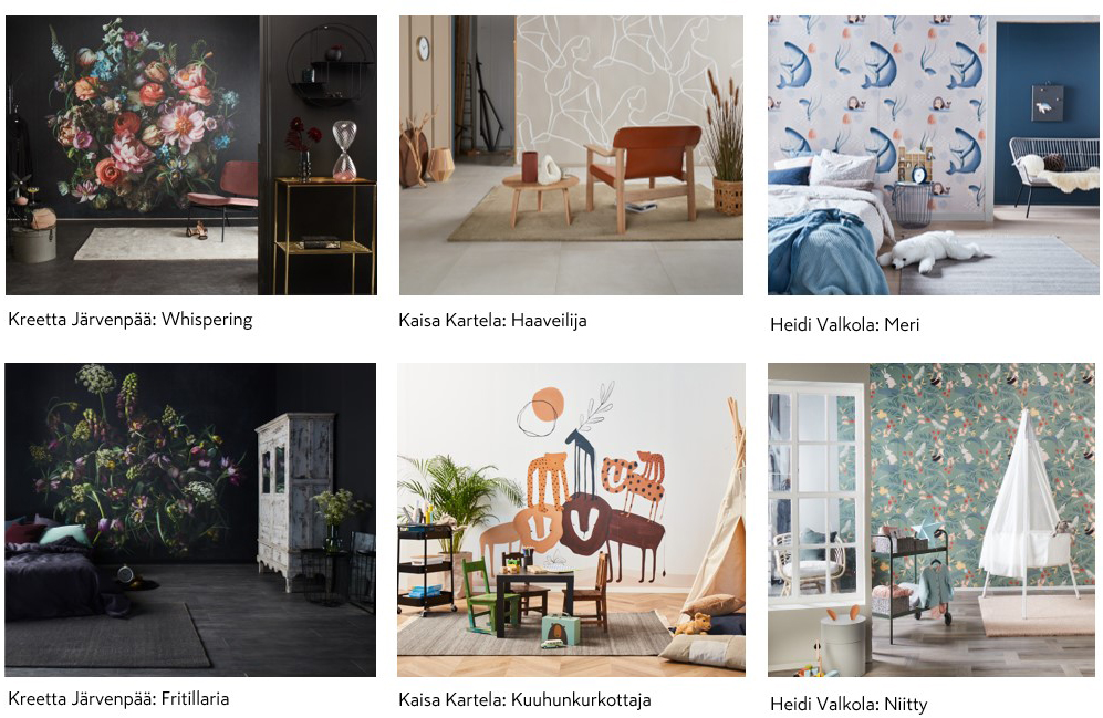 Kollaasissa näkyy sisustustapetteja: tummia kukkia, beigeä abstraktia, meriaiheita ja eläinpiirroksia.