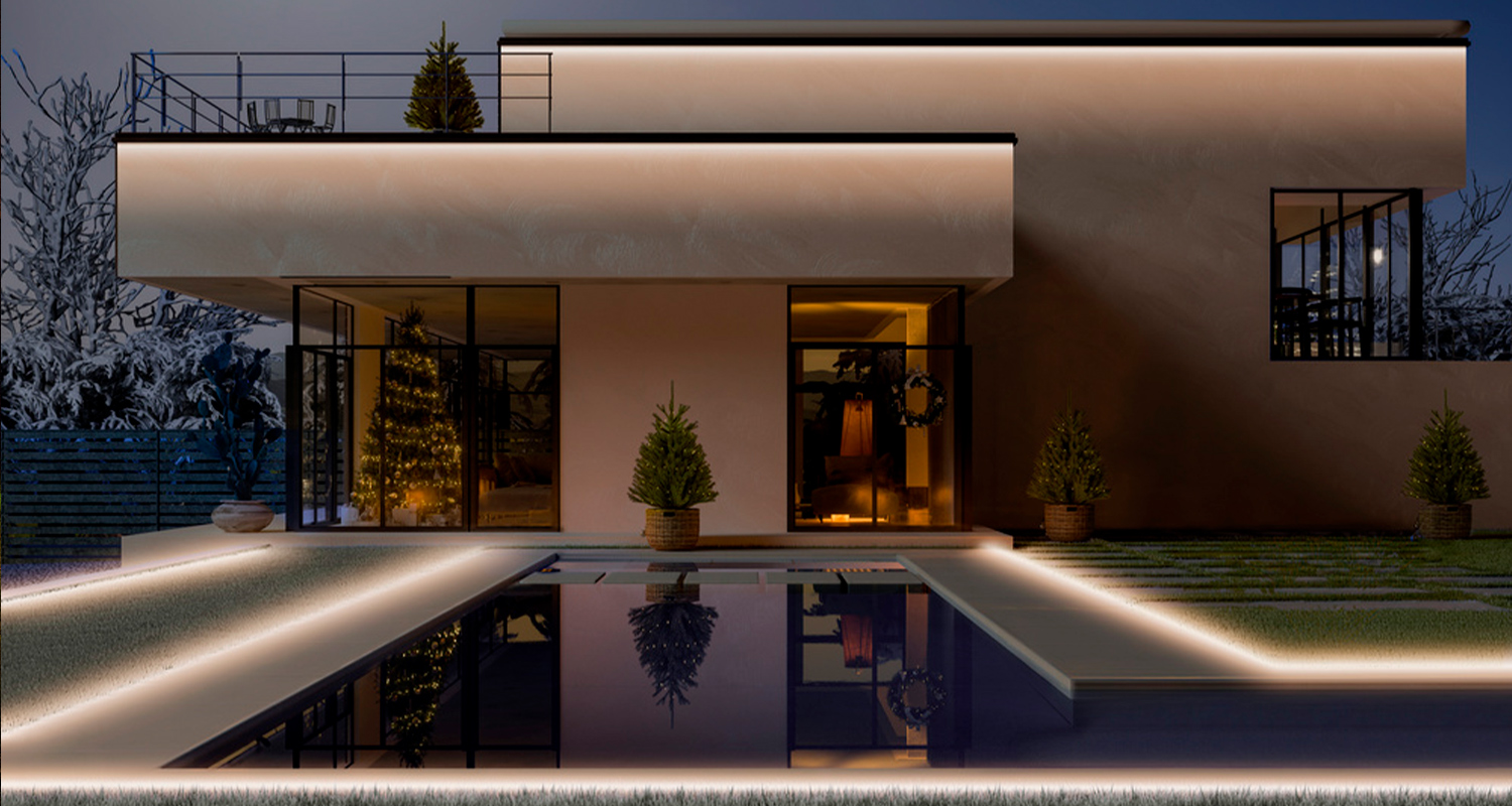 COB led-valonauhat talon ulkopuolella tuottamassa epäsuoraa valoa.