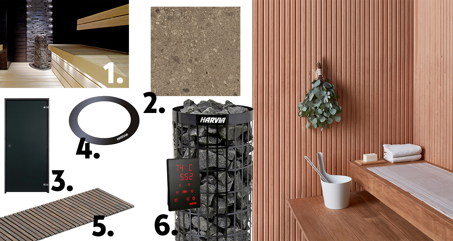 Kuvassa kuusi erilaista saunakalustetta, joilla rakennetaan 1500 euron hintainen saunan sisustus.