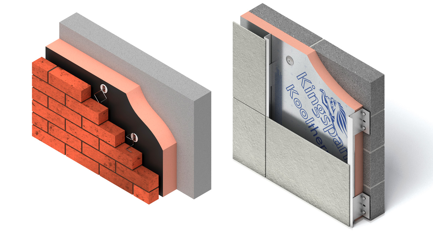Kingspan Kooltherm-lämmöneriste julkisivumateriaalin alla
