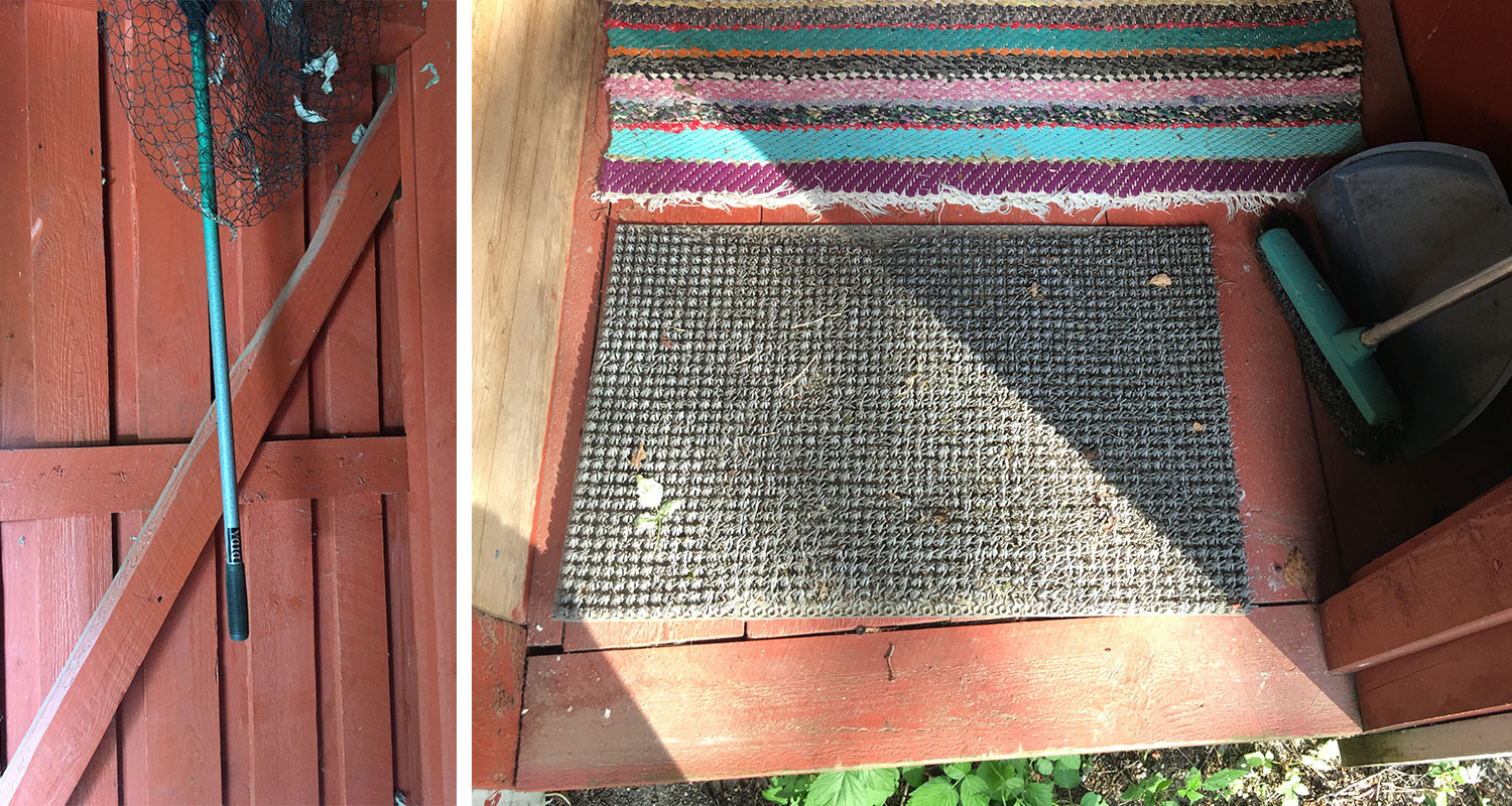 Punainen puueteinen, sininen ongintaverkko, harmaa karkeamatto ja värikäs räsymatto