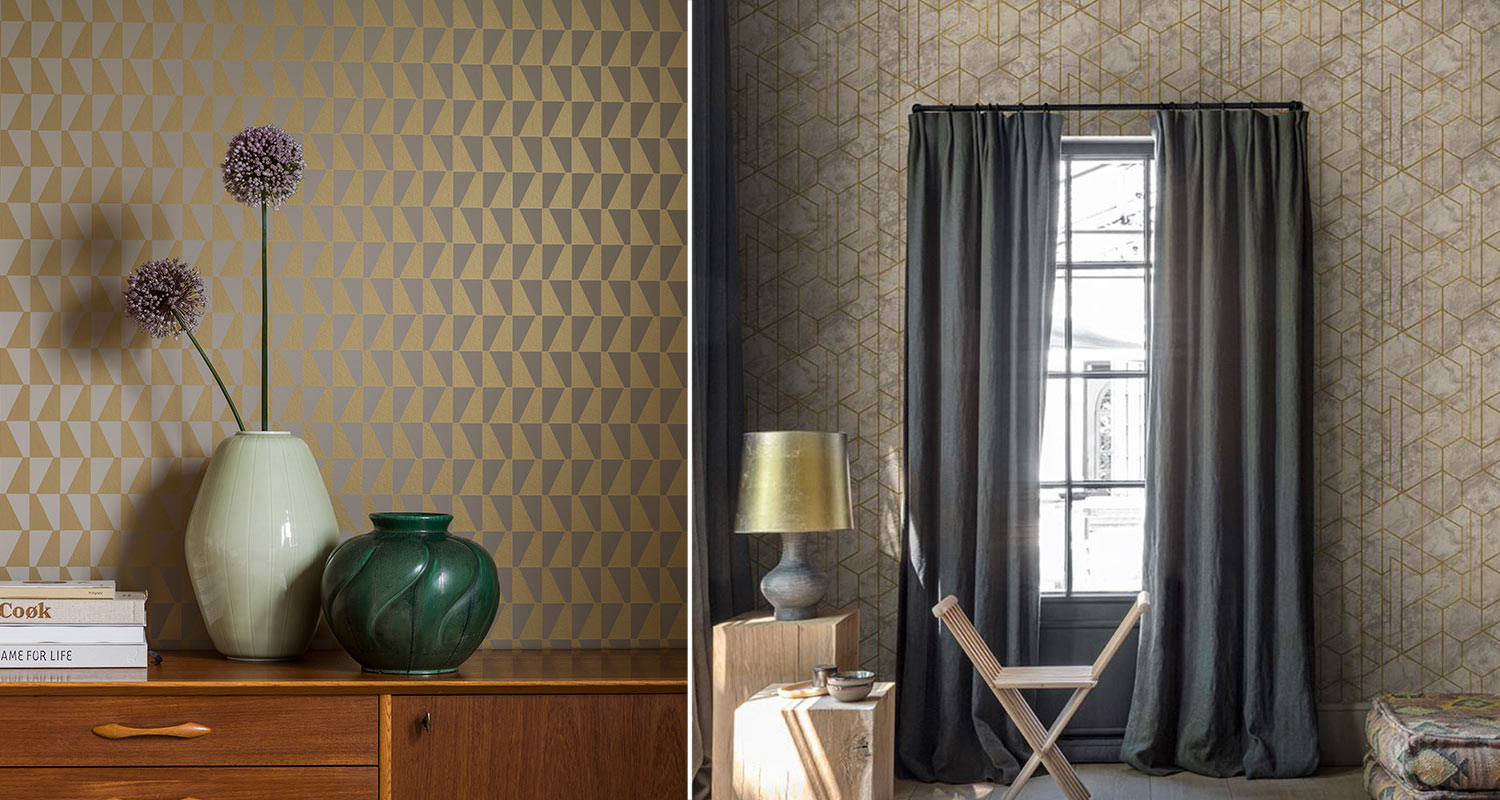 Seinissä geometrisiä kuvioita pienenä ja suurempana. Erilaisia geometrisia tapetteja K-Raudasta