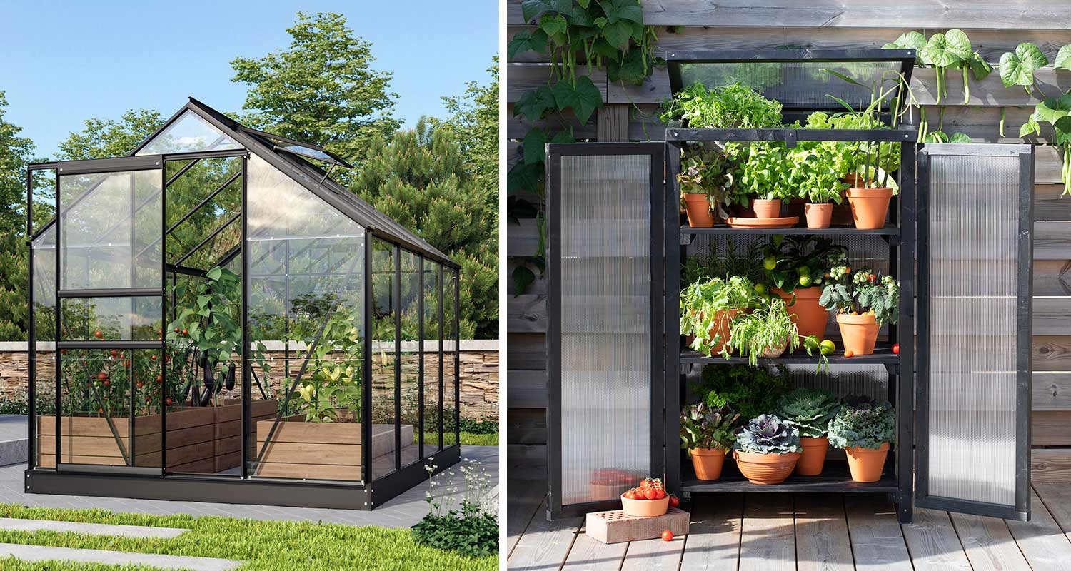 Musta kasvihuone Vitavia Venus 5000 ja musta pieni parvekekasvihuone 122x68x50cm, molemmat K-Raudasta