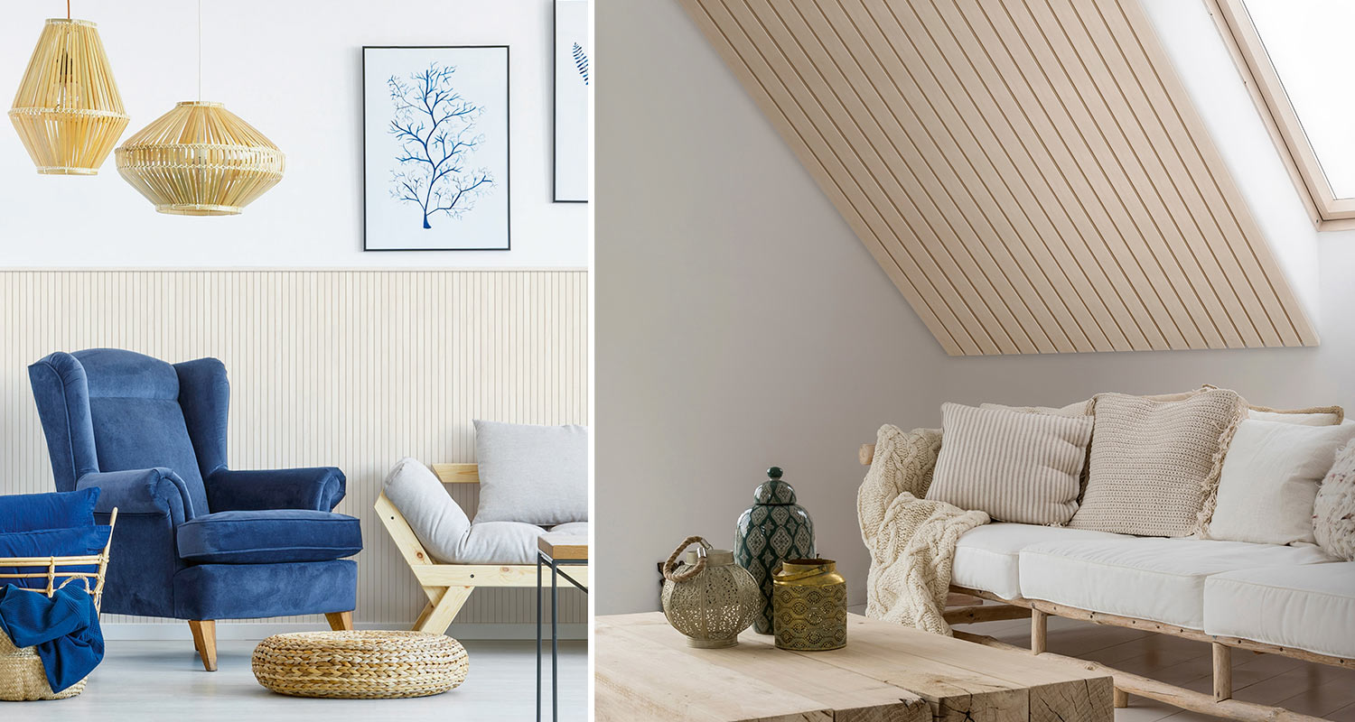 Olohuoneessa puuta seinässä ja viistokatossa