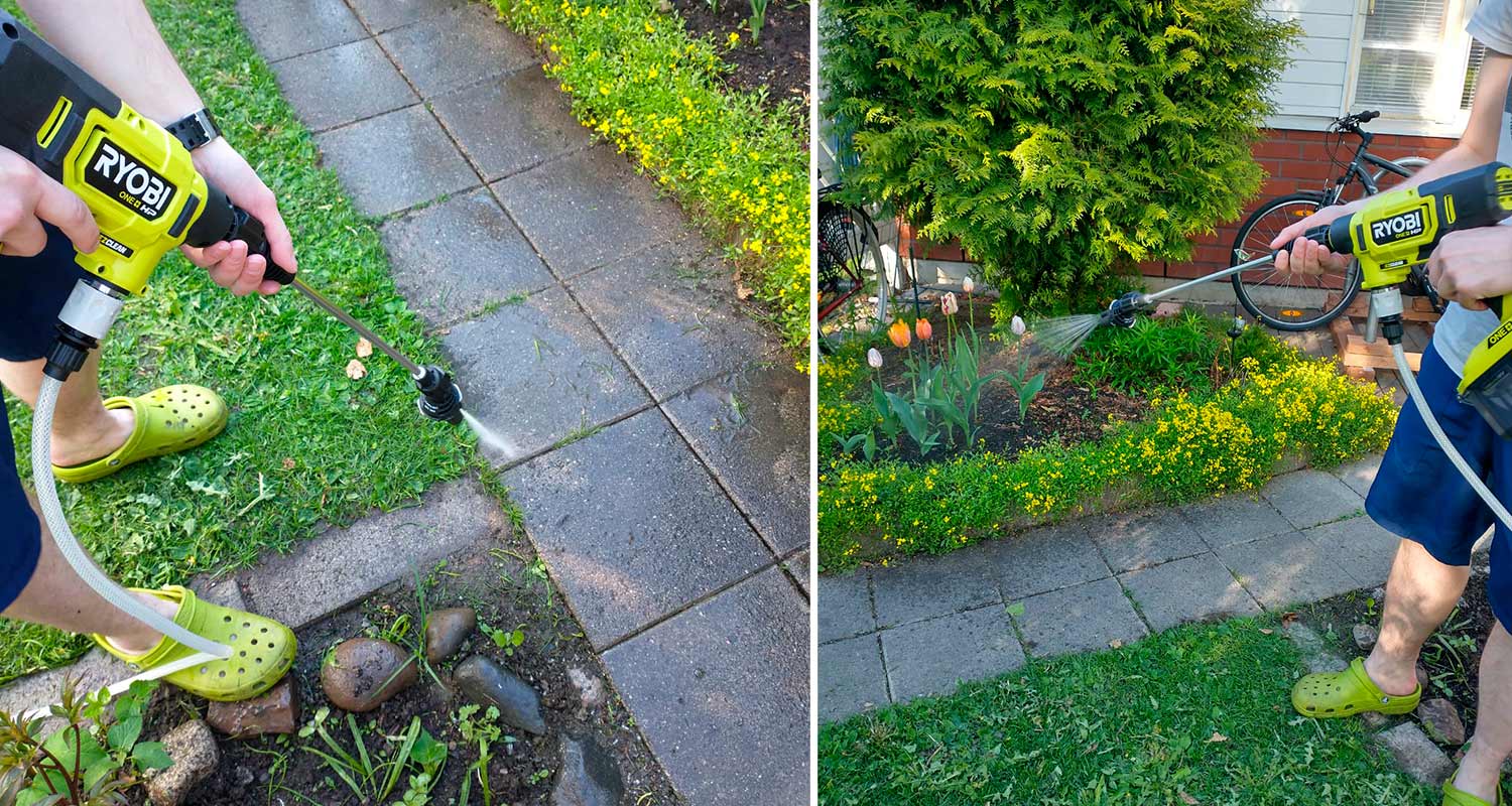 tuotetestissä kuluttajalla akkupainepesuri Ryobi RY18PWX41A-125 18V, pihalaatat pesussa