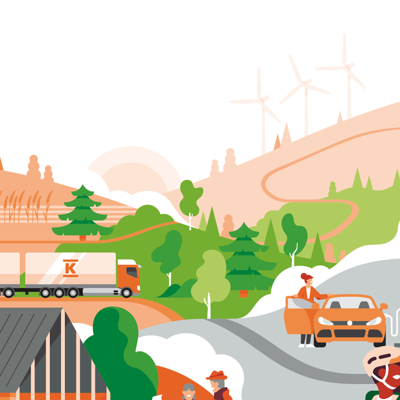 Kukkuloilla metsää ja tuulivoimaloita, siltaa pitkin rekka ja nainen lataa oranssia autoa