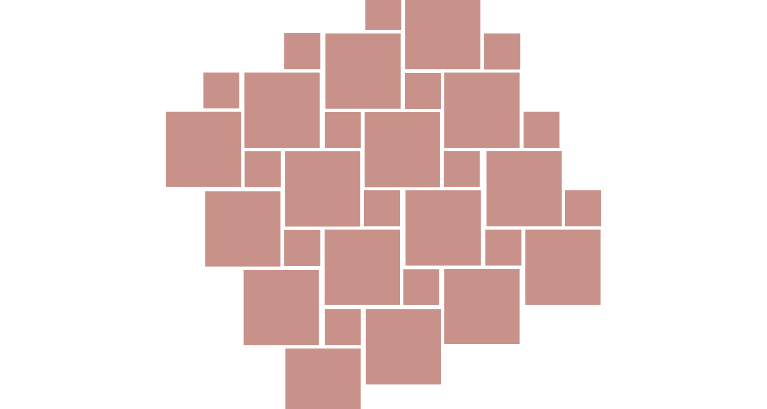 Valkoisella taustalla ruusukultaiset erikokoiset neliöt tiiviissä ryhmässä