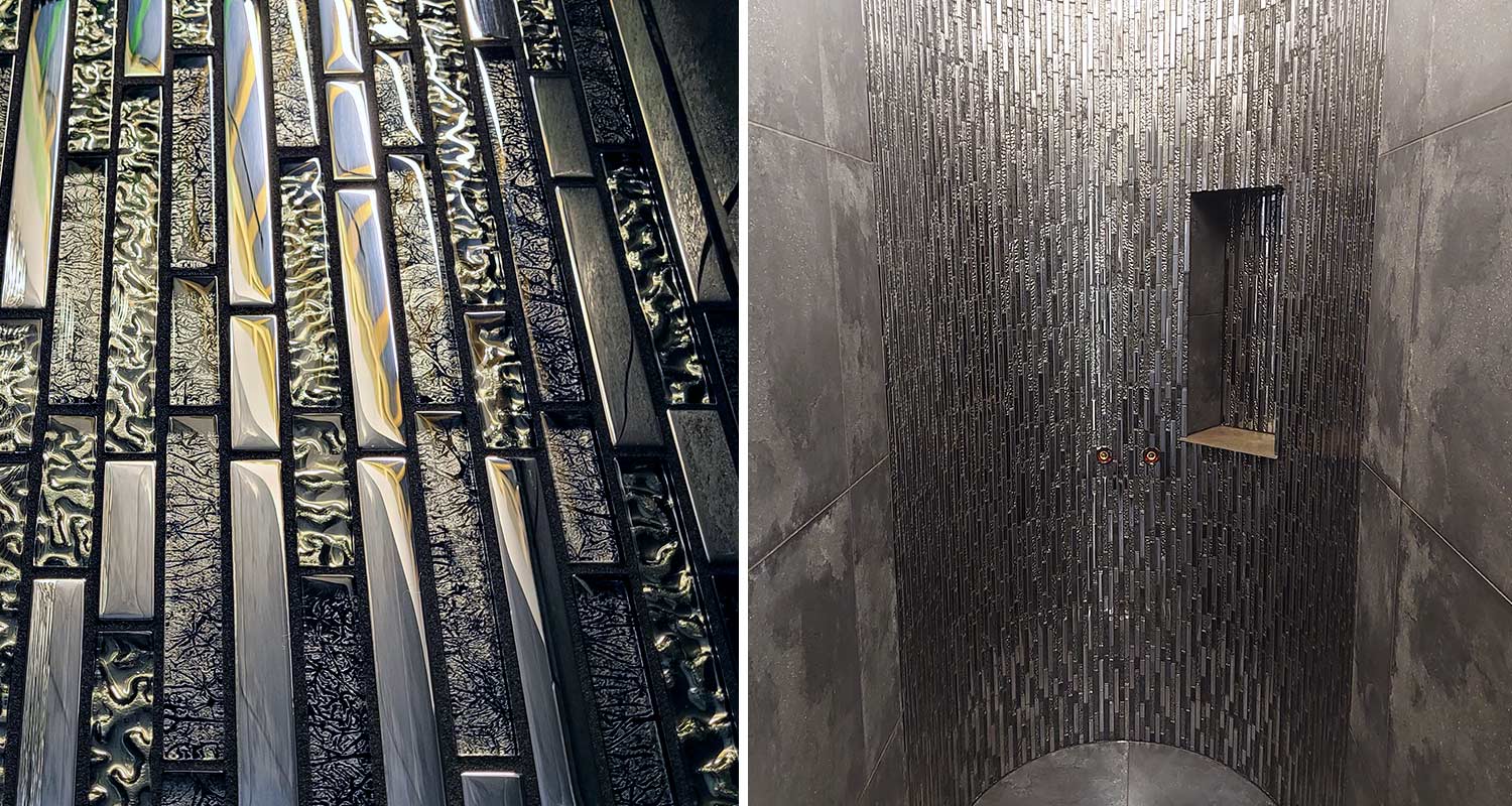 Kylpyhuoneen mosaiikkiseinä lähikuvassa saumattuna Webercolor Evolution saumalaastilla, sävy black