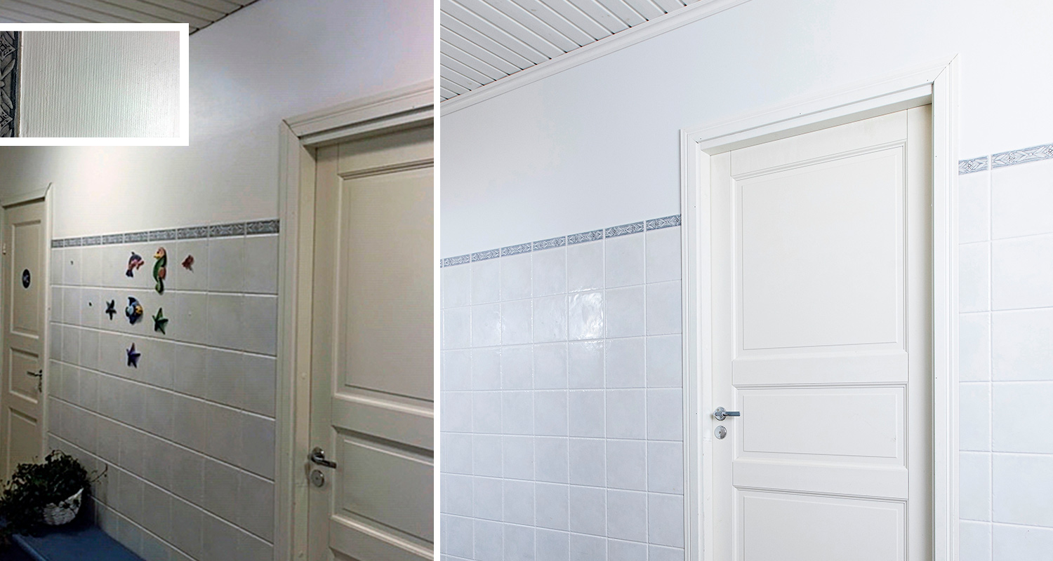 ennen ja jälkeen kuva lasikuitutapetin tasoitus ja maalaus