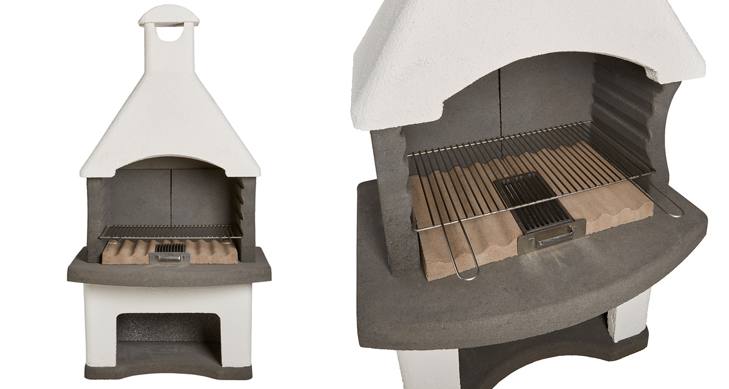 Valko-harmaa betoninen ulkogrilli metalliritilällä ja piipulla, alaosassa puutila.