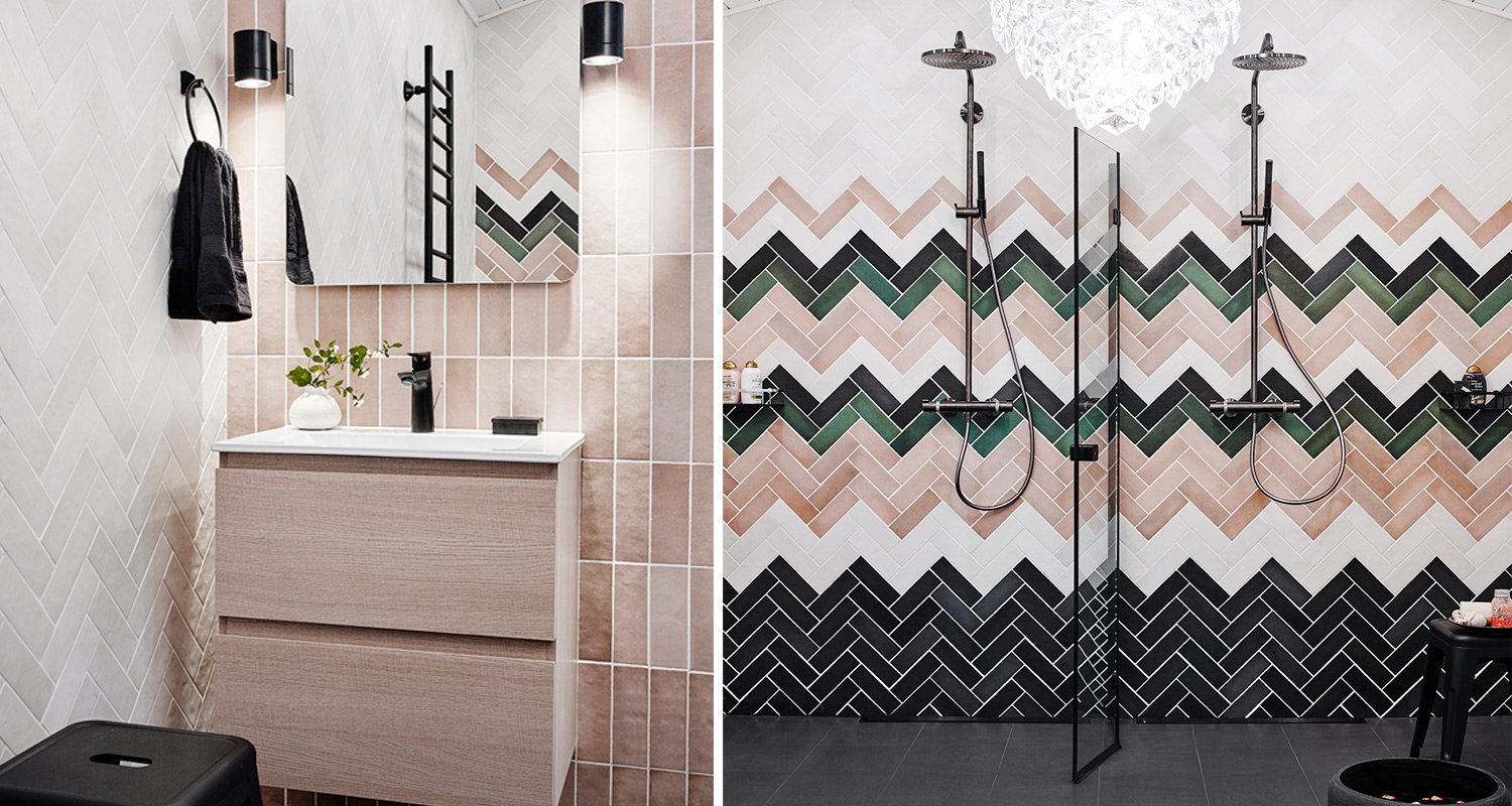 Vaalea kylpyhuone: musta-vihreä-beige siksaklaatoitus, kaksoissuihkut ja vaalea allaskaappi