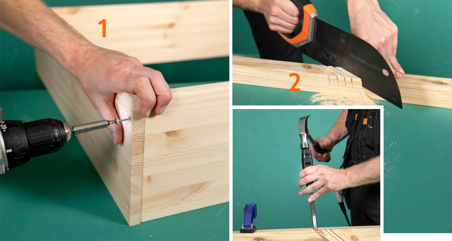 Kolmiosaisessa kuvassa vihreällä taustalla vaaleaa puuta porataan, sahataan ja taltta muotoilee