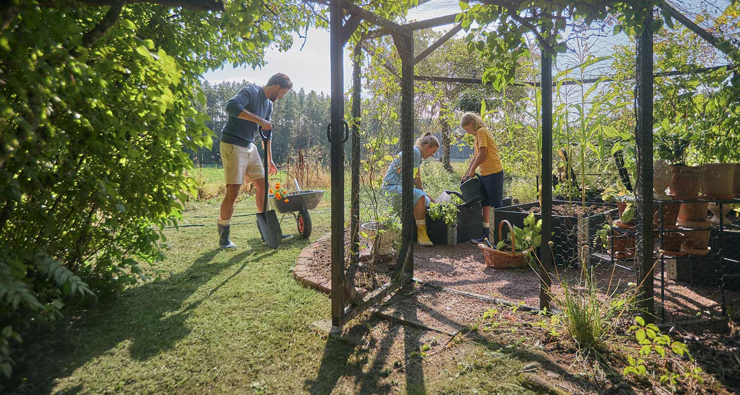 Perhe tekee pihahommia kesäisellä ja vehreällä pihalla