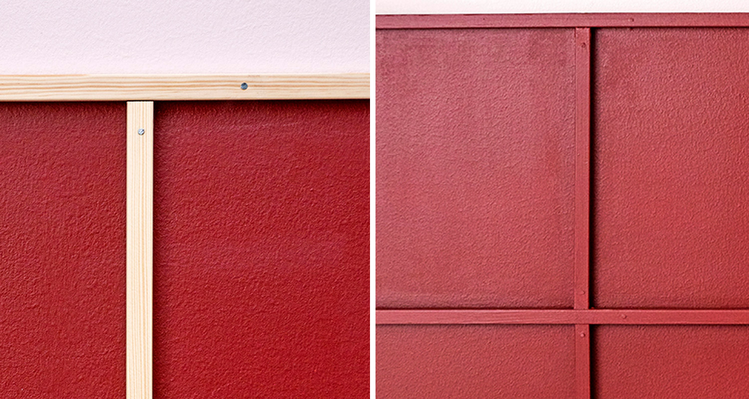 Vasemmalla vaalea puuruoti punaista seinää ja vaaleanpunaista yläosaa vasten, oikealla ruutukuvioitu punapaneeli.