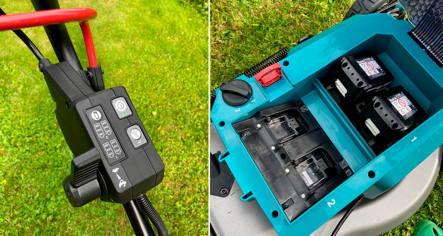 Akkuruohonleikkuri Makita DLM462Z -mallin käynnistysnappi ja akut paikallaan ruohonleikkurissa. 