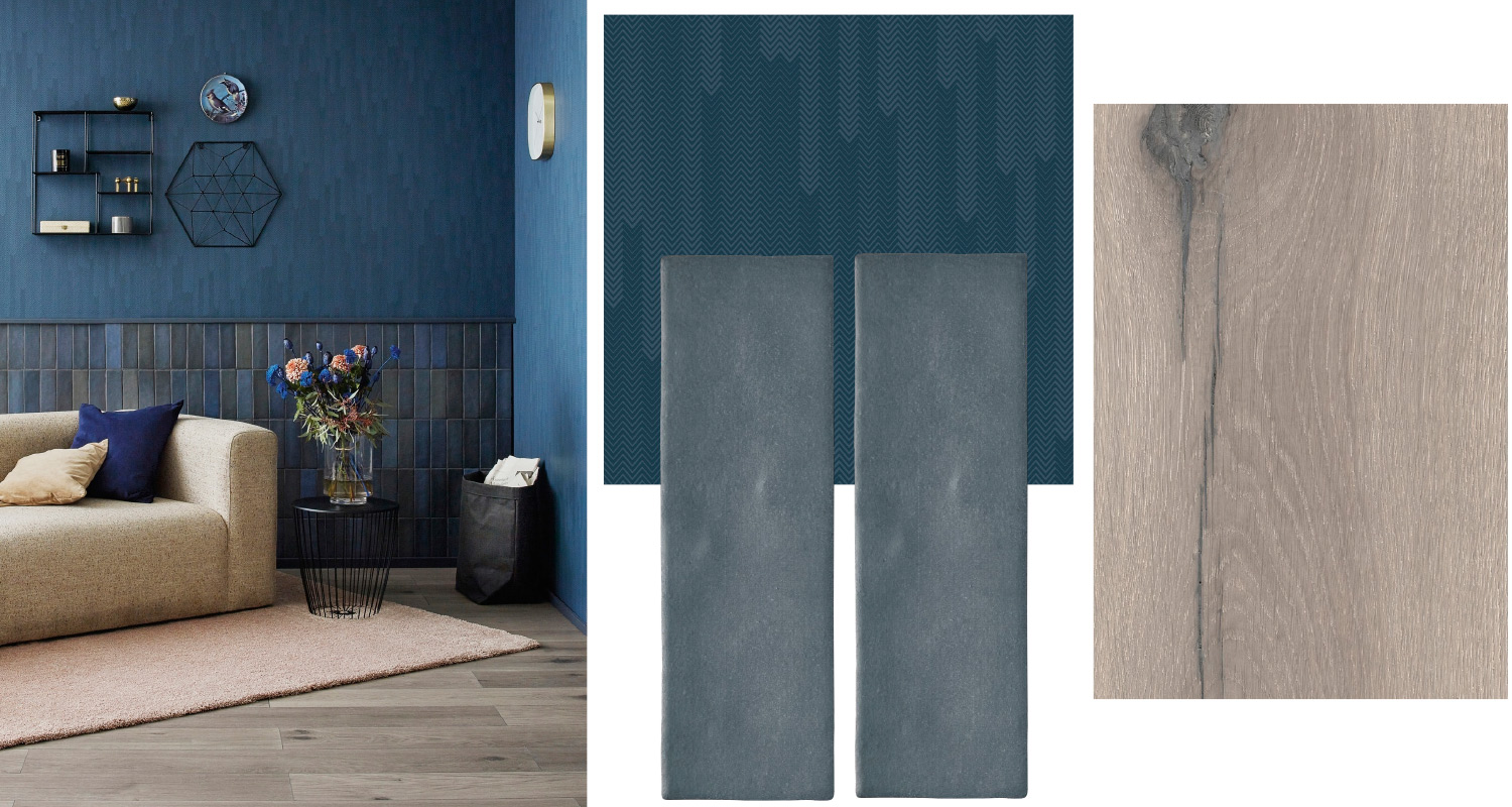 Siniharmaan ja puun yhdistelmä modernin olohuoneen seinässä ja lattiassa. Tuotteet K-Raudasta.  