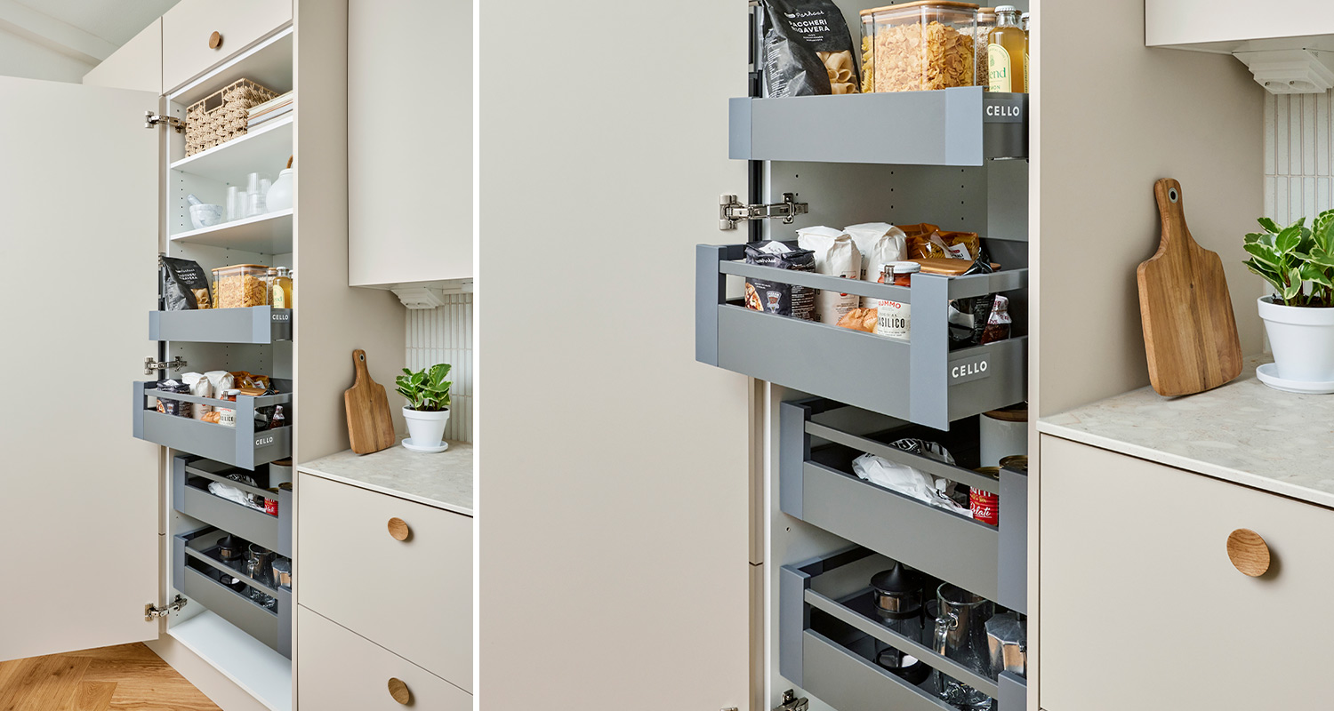 Kuvassa Cello-keittiöiden korkea kaappi, johon mahtuu paljon keittiötarvikkeita.