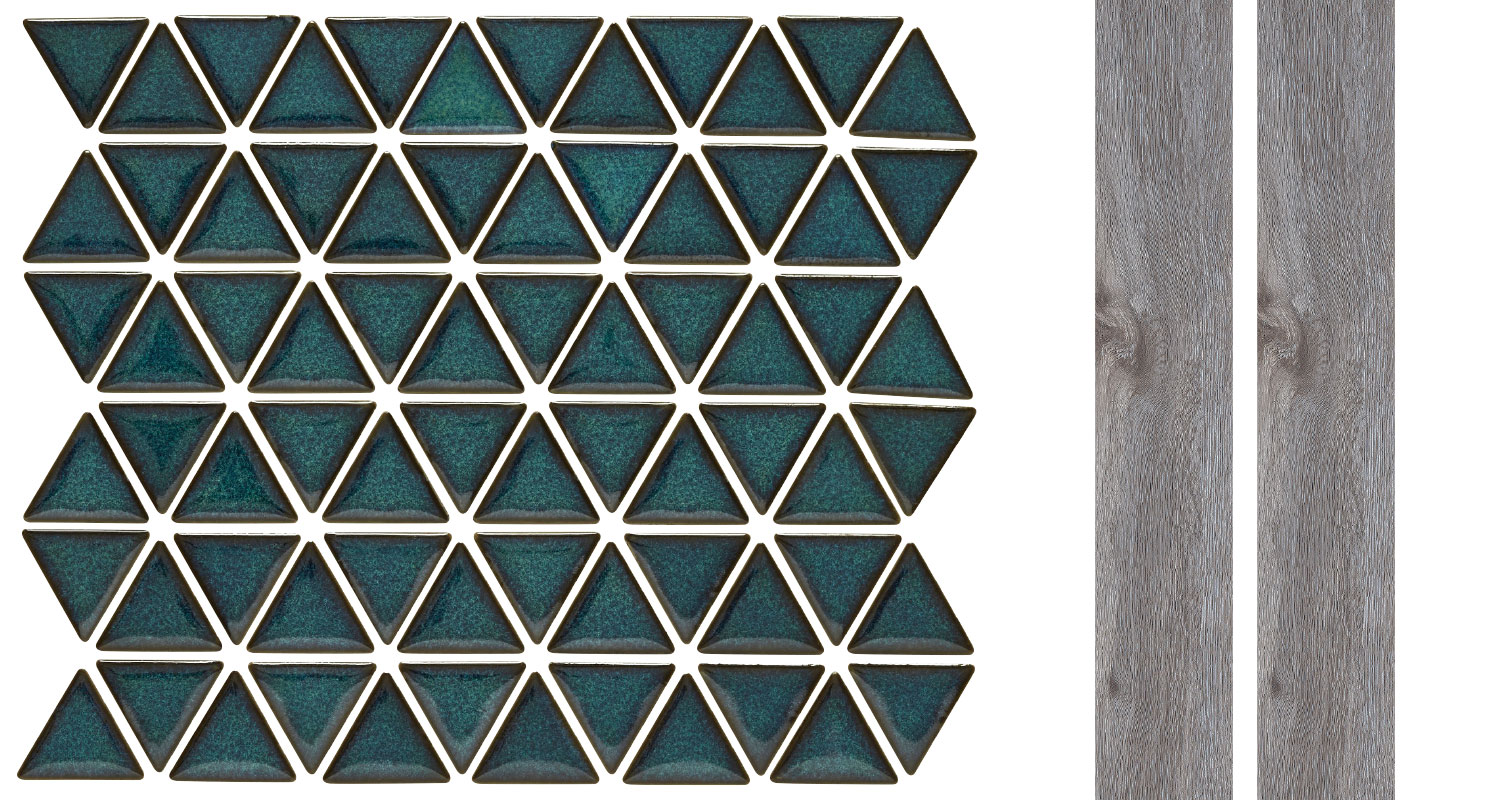 Kolmionmallinen havunvihreä Cello Ibiza -mosaiikkilaatta ja harmaan puulattian näköinen Cello Oakwood-laatta K-Raudasta. 