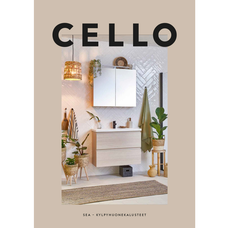 CELLO-logo, kylpyhuone: vaalea puuallas, valkoinen herringbone-laatta, rottinkivalaisin ja kasveja.