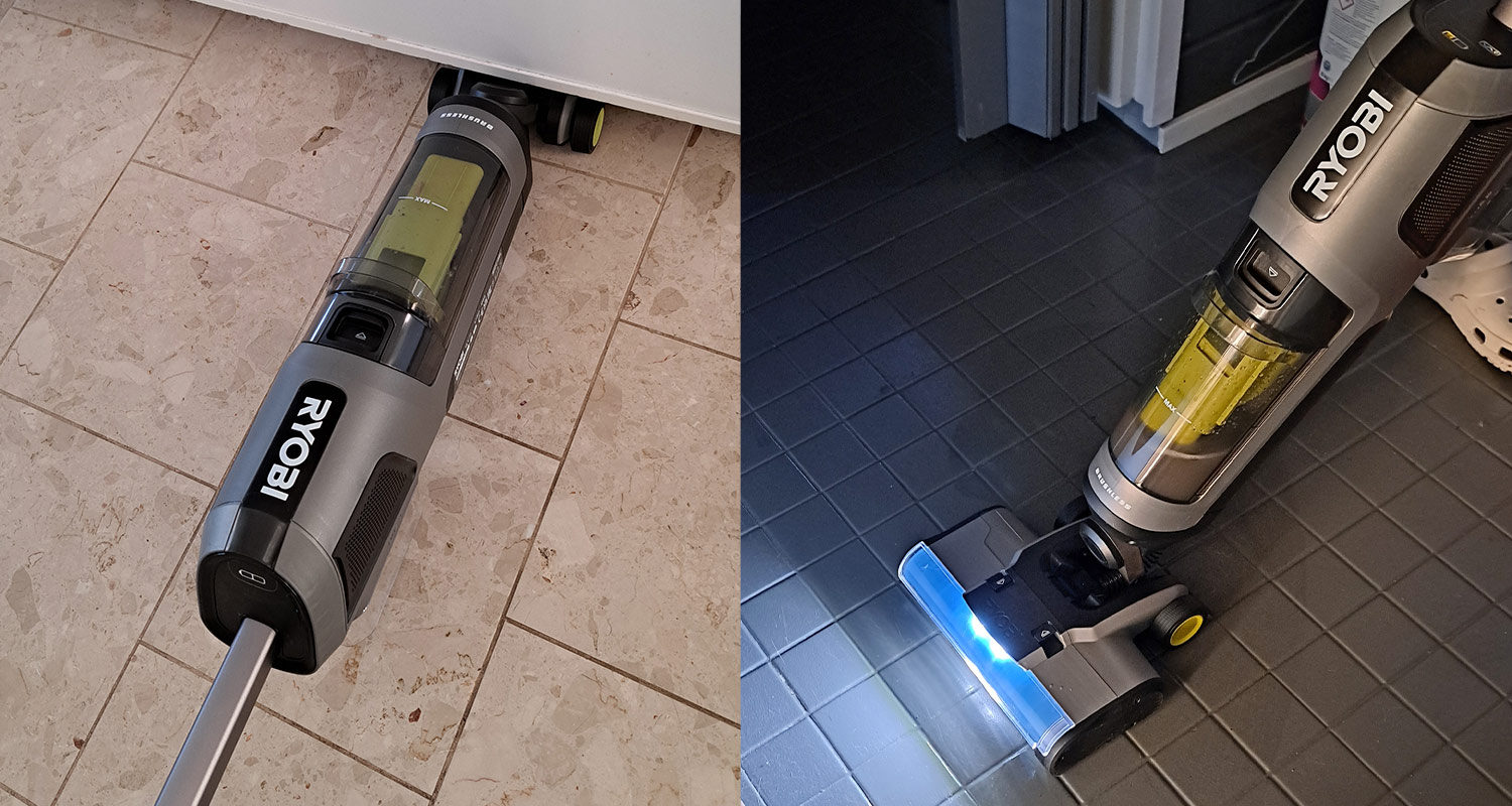 Testissä laattalattian puhdistuksessa lattiapesuri Ryobi RHFC18BL-0 18V ONE+.