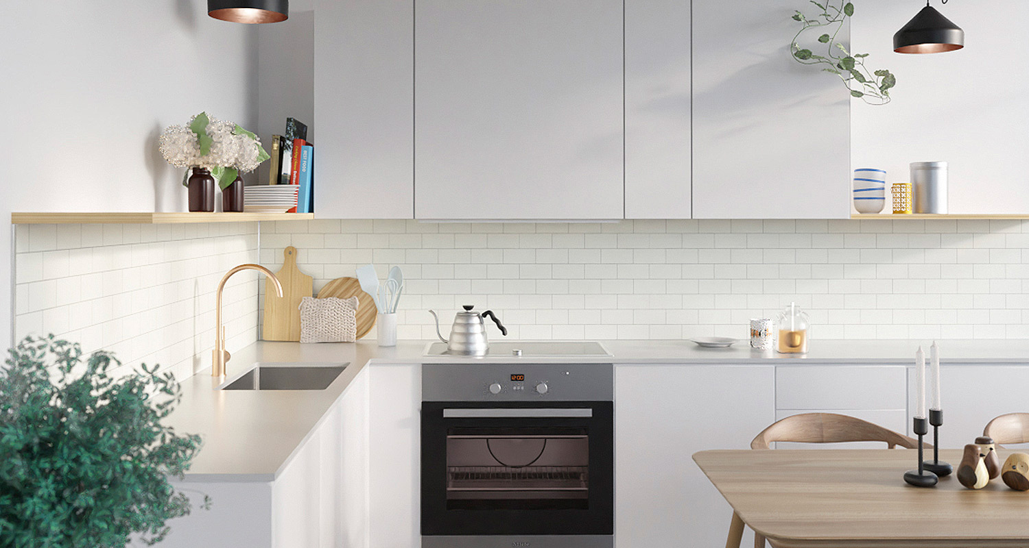 Klassista tiililadontaa keittiön välitilassa ilman tiililadonnan työtä. Fibo-levyllä onnistuu helposti kaunis lopputulos.