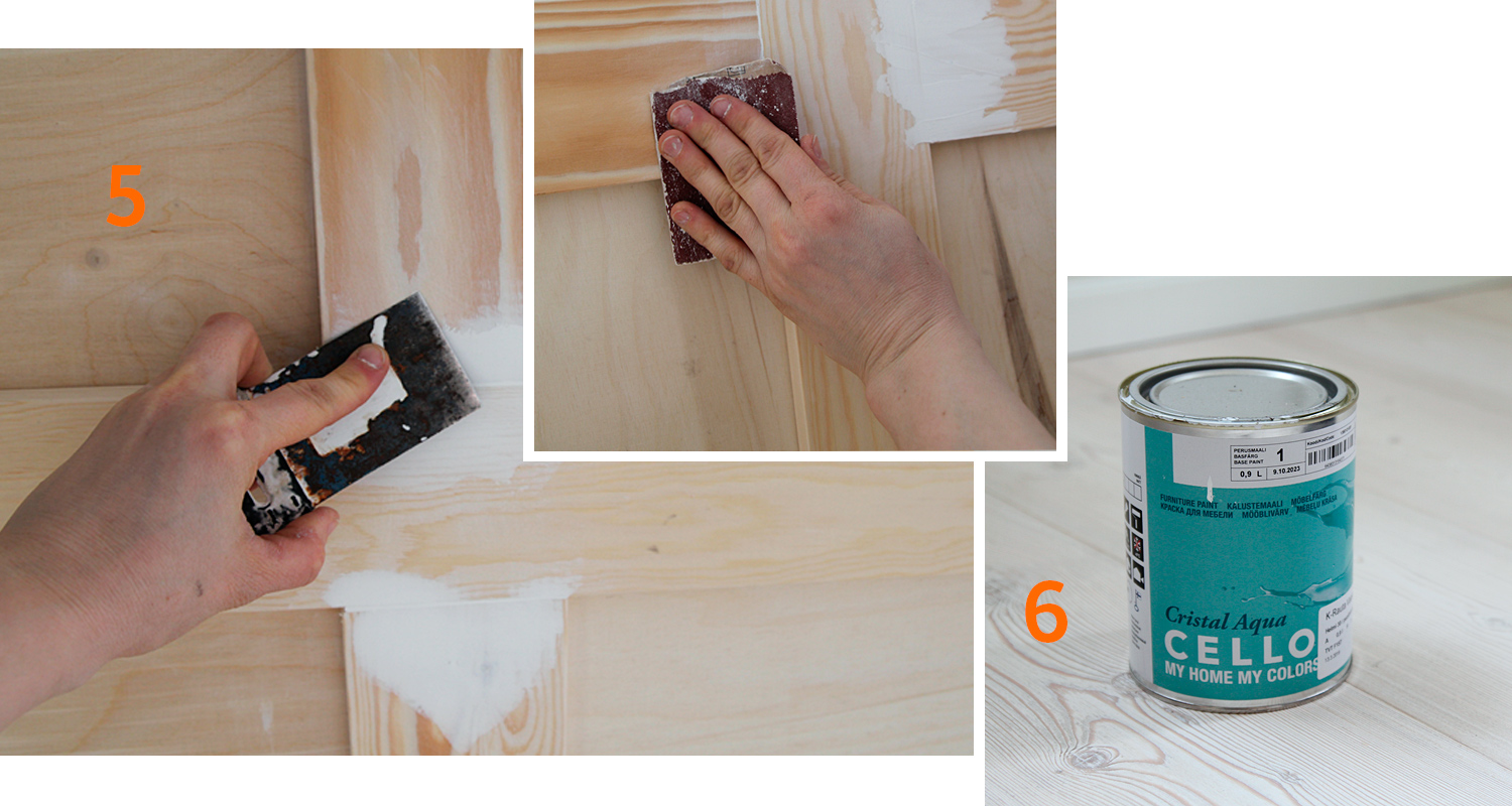 Käsiraappa ja hiomapaperi tasoittamassa vaaleaa puupintaa (5) ja turkoosi maalipurkki (6)
