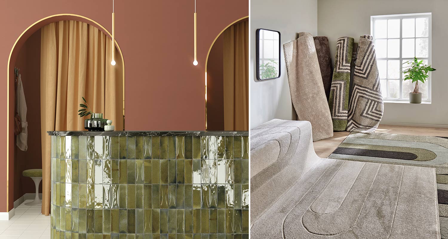 Kuvassa vasemmalla Cello Hanoi -sarjan oliivinvihreää laattaa sekä oikealla Cello-mattoja K-Raudan valikoimista, joissa näkyy pyöreitä muotoja ja geometrisiä kuviota.