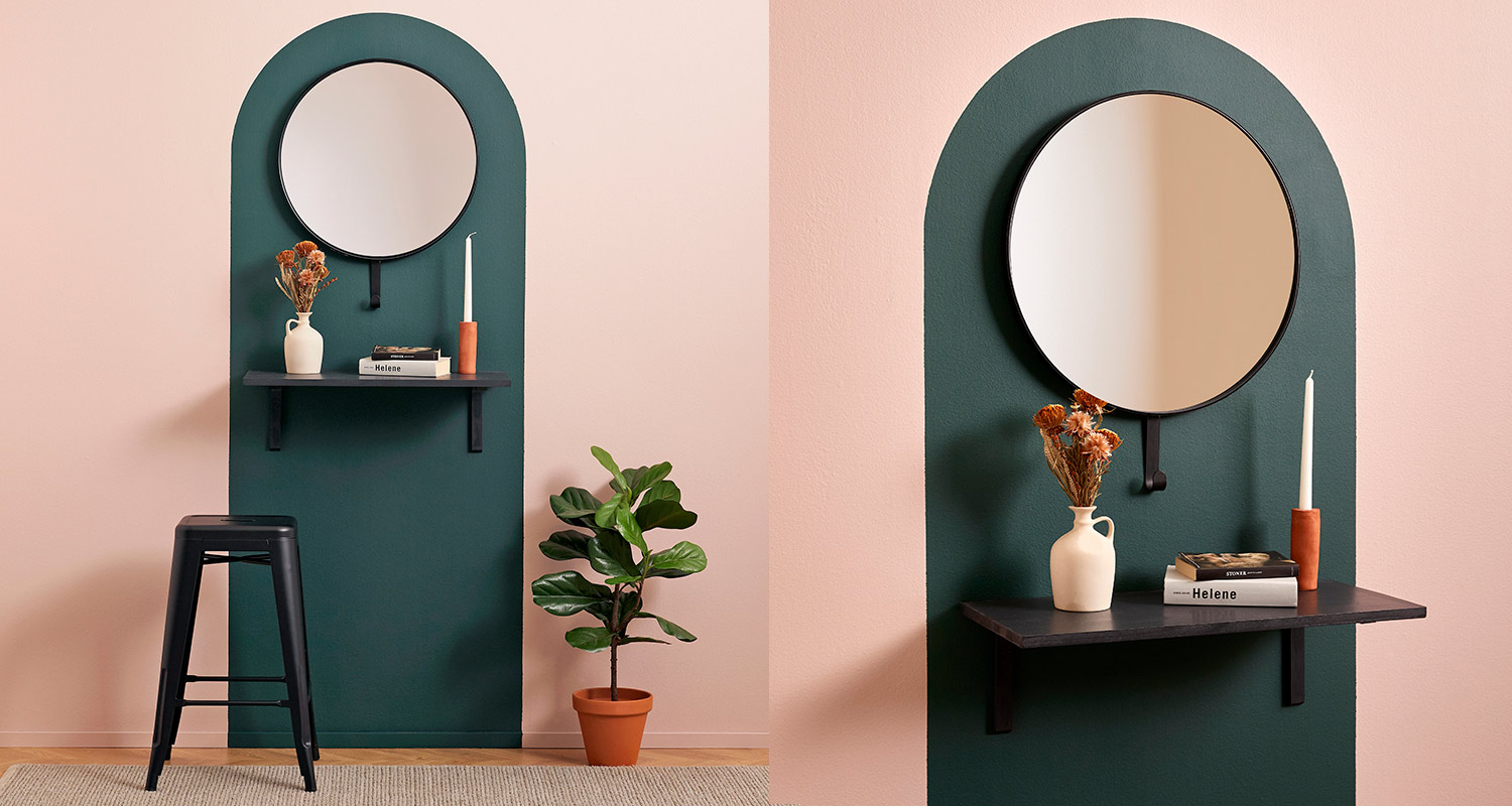 Vihertävä tehosteseinä maalattuna pyöreälle peilille näyttää valmiina tältä