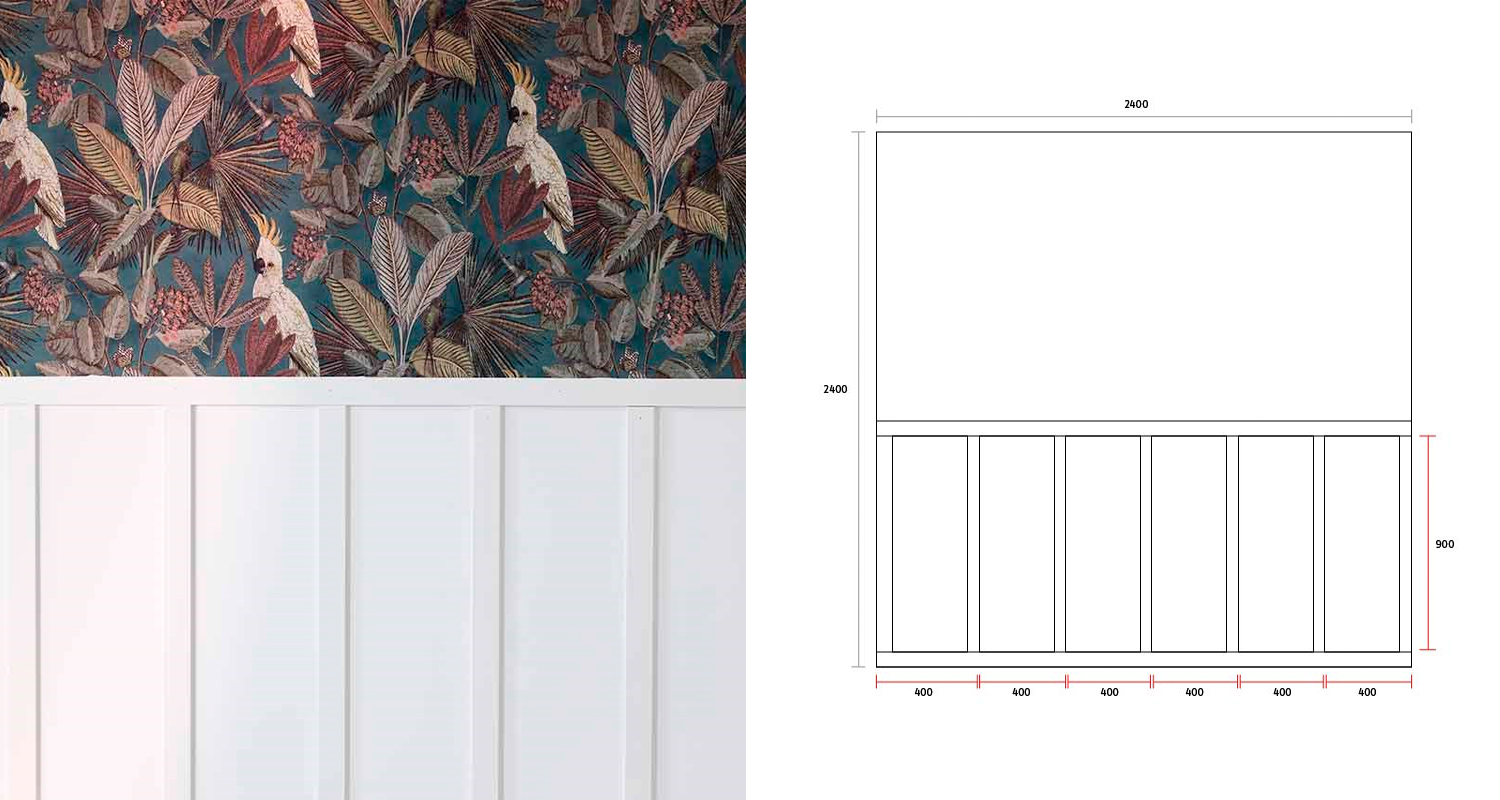 Vasemmalla turkoosilehtinen papukaijatapetti ja valkoinen paneeli, oikealla paneeloinnin piirros.