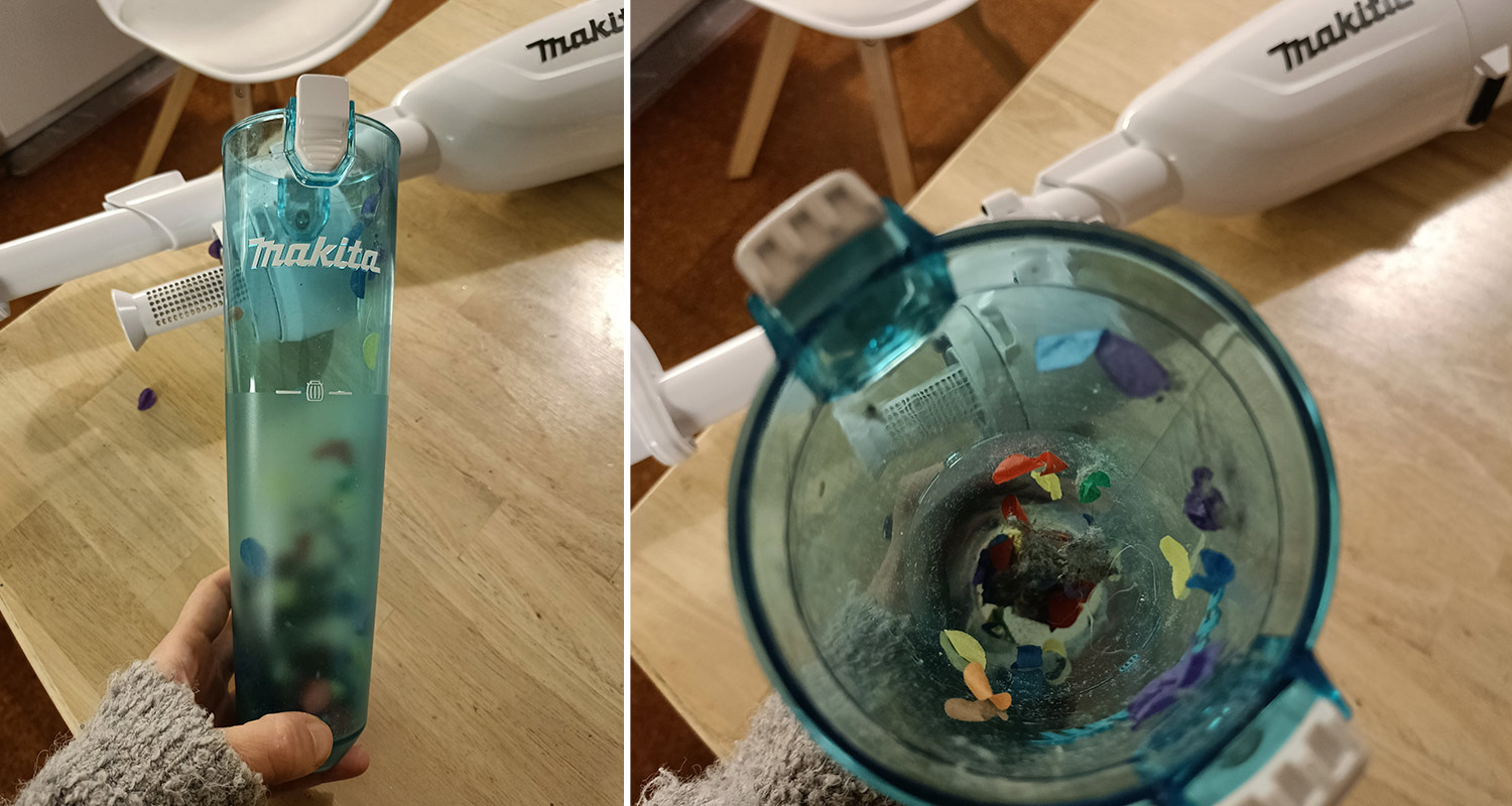 Kuvassa roskien keruuta varten sykloni-varustus Makita valkoinen DCL28X-imurimalleille