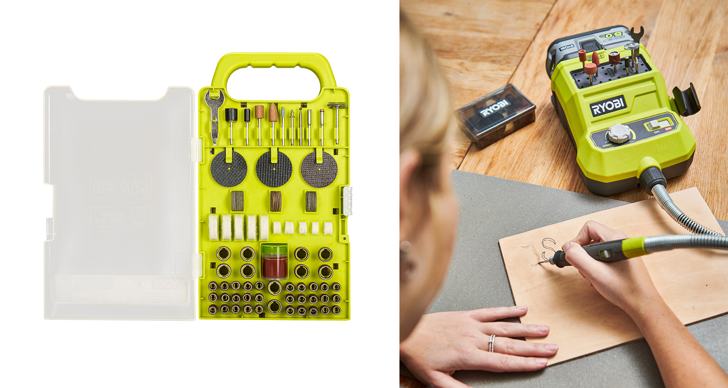 Avoin neonvihreä Ryobi-työkalusalkku ja kädet kaivertavat puulevyä puupöydällä.