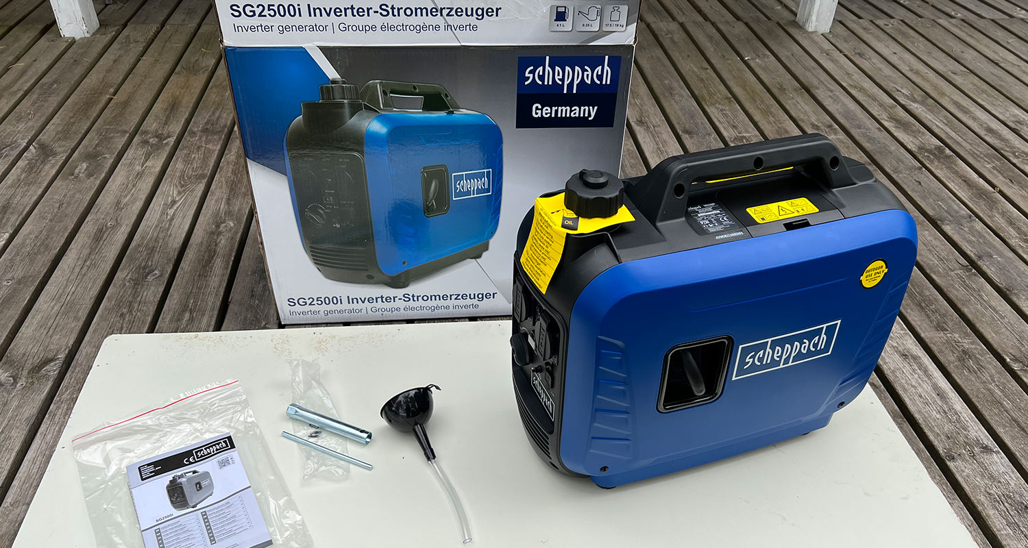 Aggregaatti Scheppach SG2500I 2,0kW -mallin tuotepakkaus