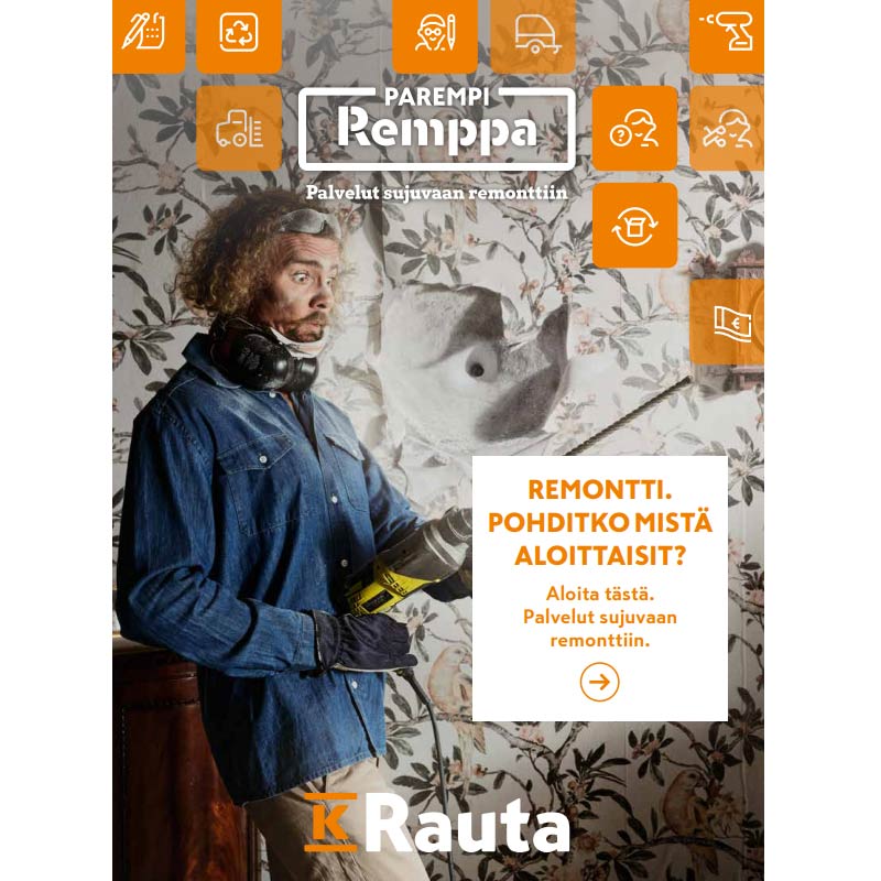 Rauta-mainos: henkilö repii kukkatapettia porakoneella, oransseja remontti-ikoneita.