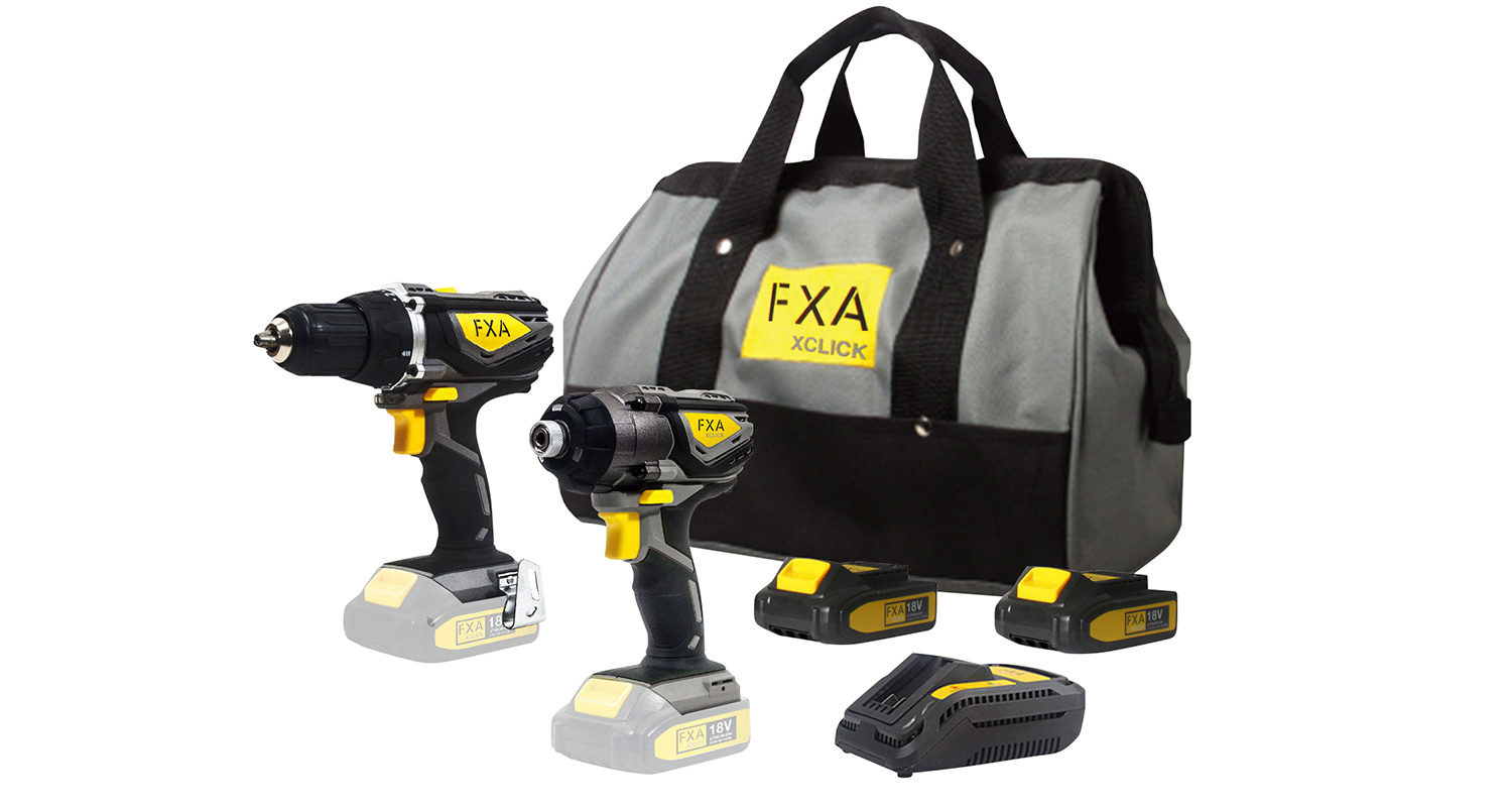 Harmaa-mustassa FXA-laukussa keltamustat 18V porakone, mutterinväännin, akut ja laturi