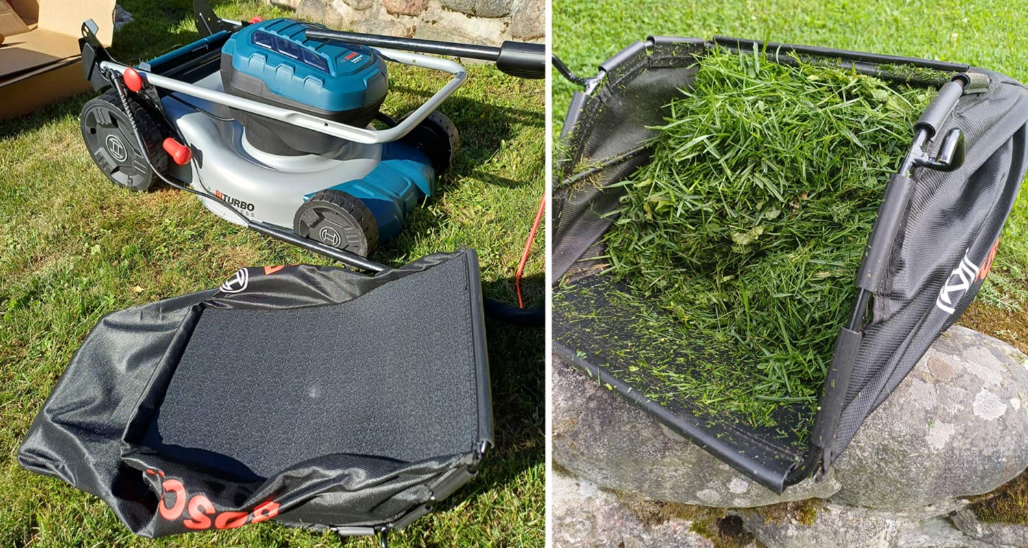 Kuvassa akkuruohonleikkuri Bosch GRA 18V2-46 Solo sekä leikkurin ruohonkerääjä.