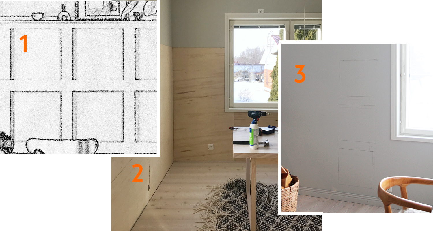 Kolmikuva: 1. kaappipiirros, 2. vaalea puuvaneriseinä ja työkalu, 3. harmaa seinä ikkunan vieressä.