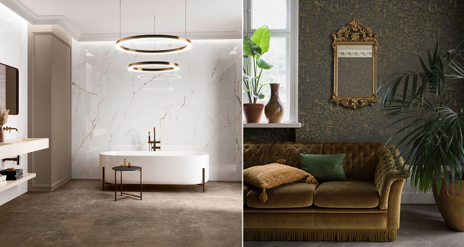Ylellistä hotellitunnelmaa kotiin! Oikealla kylpyhuonekuvassa aidolta marmorilta näyttävä seinälaatta Cello Cr.Torano ja vasemmalla seinässä kullankohtoinen Boråstapeter Dreamy Escape 4272 kuitutapetti K-Raudan valikoimista.