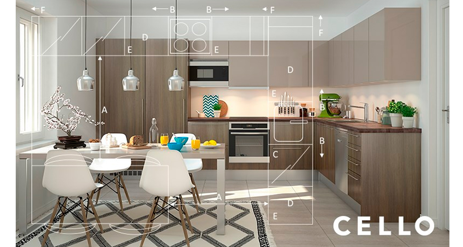 Moderni keittiö vaalean puun kaapeilla, valkoiset tuolit, metallivalaisimet ja piirrosruudukko.