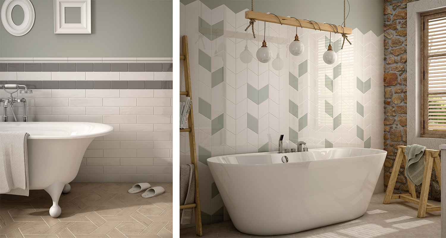 Maalaisromanttinen sisustus. Kuvassa kaksi kylpyhuonetta, joissa on maalaisromanttinen sisustus.