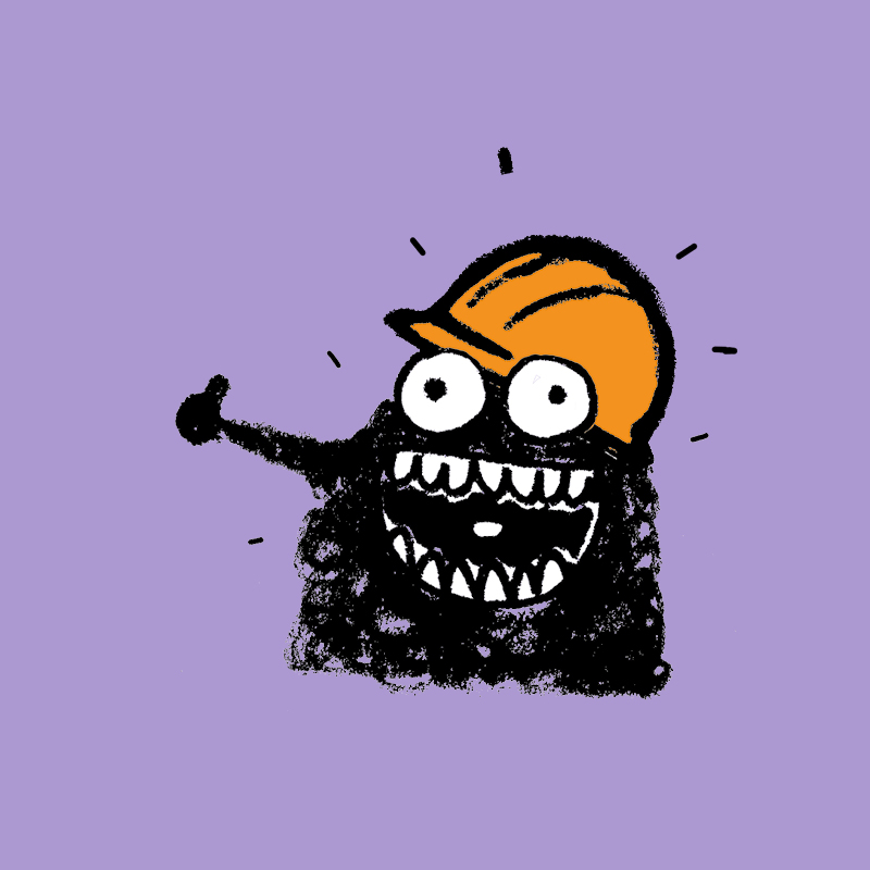 Mustapörröinen olento suuret silmät ja terävät hampaat, oranssi rakennuskypärä violetissa taustassa