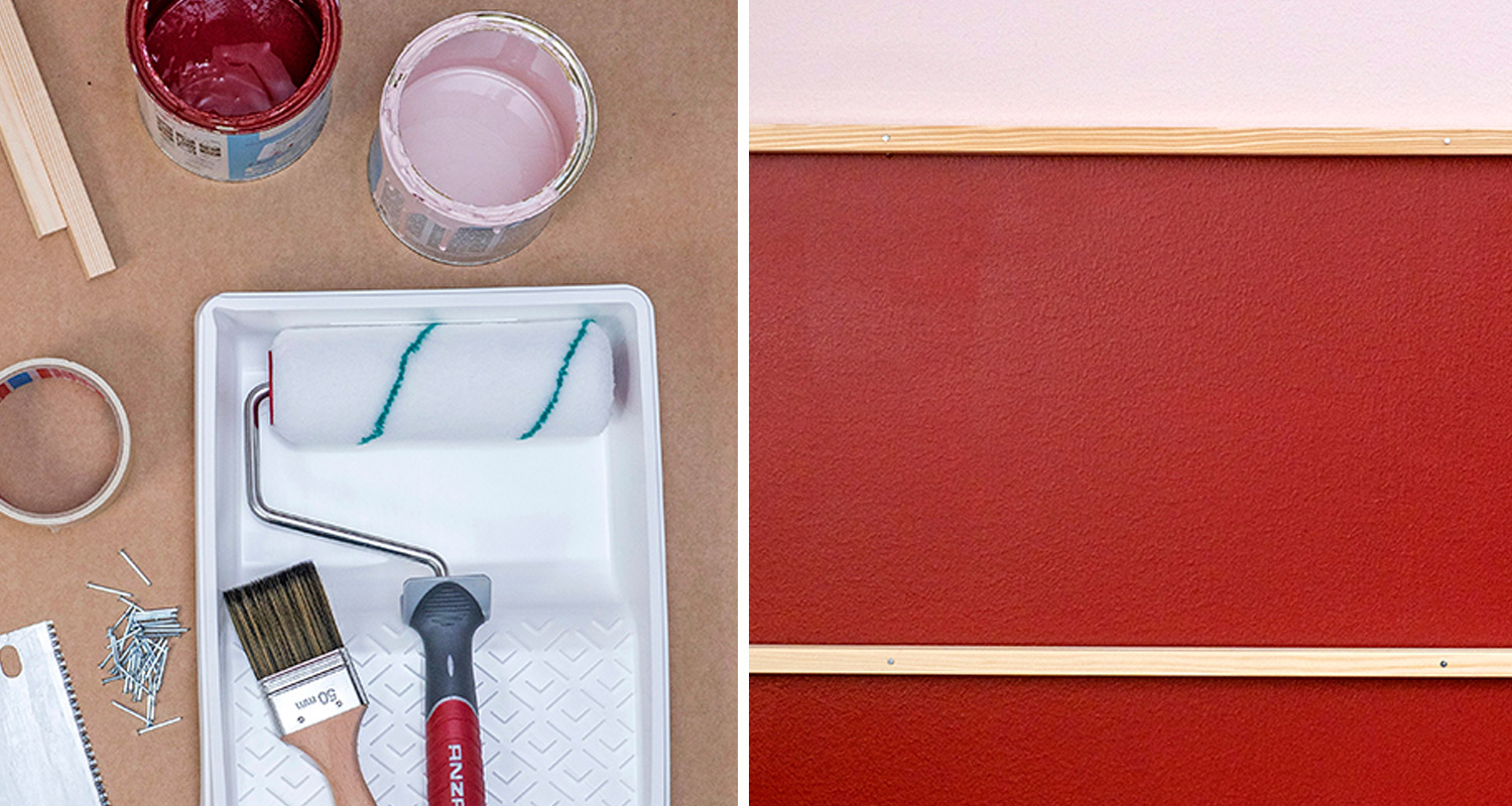Maalaustarvikkeet ja sävimaalit vasemmalla, oikealla punavalkoinen seinä puulistoilla.