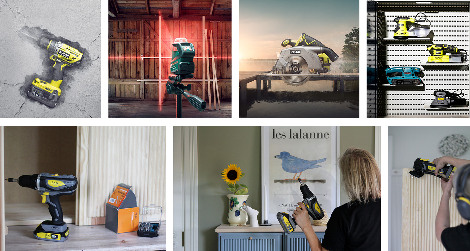 Keltamustia sähkötyökaluja: porakone, laserasema, pyörösaha ja hiomakoneet