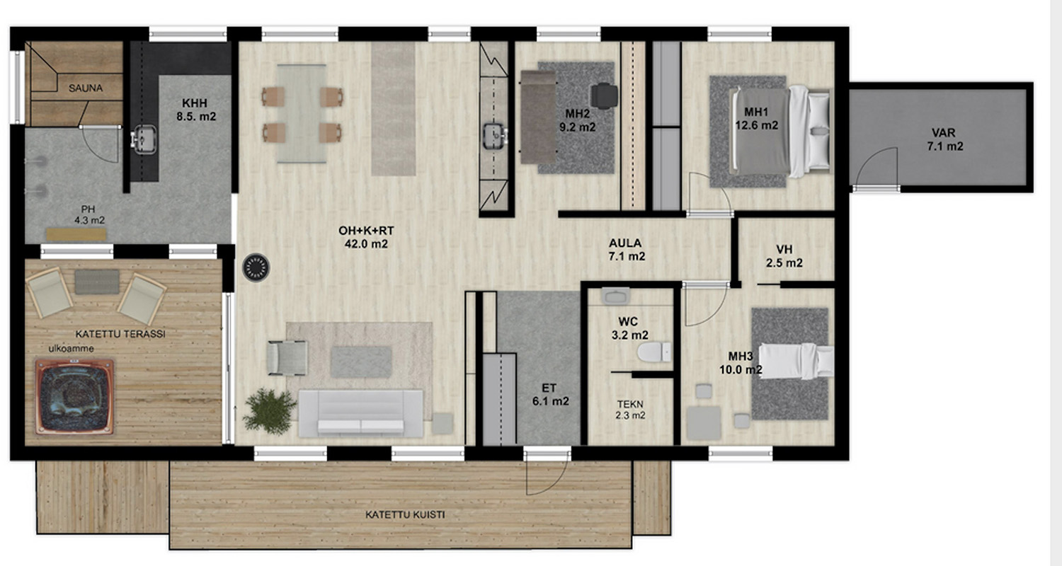 Vaalea pohjapiirros: avoin olohuone-keittiö, katettu terassi porealla, sauna, 3 makuuhuonetta.